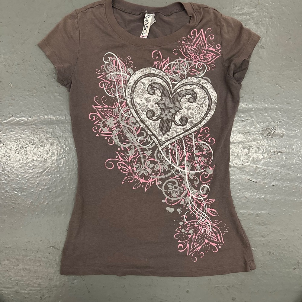 Vintage Ransom Womens Small Brown Graphic Heart Tee Preowned Y2K Fairycore
